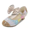 Flat Shoes Girls Leather Shoes Princess LDren Round-Toe Soft-Sole Big Girls High Heel Crystal singleh24229