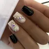 False Nails 24pcs Manicure DIY Black Edge Fake Nials Long Square Flower Crystal French