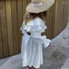 Robes d'automne pour filles, en coton et lin, confortable, en dentelle, feuille de Lotus, princesse, ligne a, à la mode, pour enfants, 2024