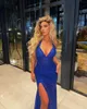 Azul Amanda Sapphire Noite Sexy Spaghetti Strap Fishtail Prom Glitter Sereia Vestido de Festa Alta Dividir Vestidos Formais