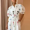 Elegant Casual Lapel Graffiti Print Dress Womens Lace Top Single Chest Pending Shirt Dress Fashionable A-Line Long Open Front Dress 240229