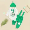 Kledingsets Baby Boy Irish Day Outfit Clover Letter Print Rompers en elastische Suspender broek beanie hoed set herfst lente kleding