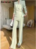 Fotvotee Solid Suit Set Women 2023 Fashion Office Ladies Turn Down Collar Slim Blazers Loose High Waist Flare Pants Suits 240226