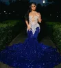 2024 Royal Blue paljetter Beaded Appliques Prom Dresses for Black Girls Sheer Neck Sweep Train Mermaid Formella OCN -klänningar 0229 329 329