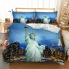 Set Paris Tower London City Scenery Big Ben Red Telephone Booth Bus Print Bedding Set Quilt Duvet Cover+Pillow Case US AU EU Size Sheer Curtains