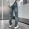 Jeans masculinos primavera verão homens slim fit europeu americano tbicon high-end marca pequena calça reta LX8811-0