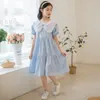 Girl Dresses Korean Summer Junior One-piece Dress Elementary Bow Neckline Bubble Sleeve Fluffy School Elegant