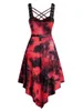 Vestidos casuais estilo gótico vermelho e preto tie dye print cinto assimétrico vestido cruzado lace-up ilhó midi