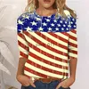 Damenblusen Hemden Hemden 2023 Frühling 4. Juli Patriotisches Dekor Amerikanische Flagge Unabhängigkeitstag Lose gestreift O-Ausschnitt Dreiviertel 240229