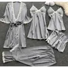 Mulheres sleepwear 2024 europeu e americano sexy pijama de cinco peças verão meia manga vestido de noiva plus size homewear nightgown roupão