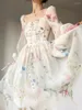 Casual jurken Franse elegante bloemen Midi -jurk Chiffon Lange Mouw avond feestvrouw Woman Beach Fairy One Piece Koreaans 2024 Zomer