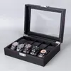 Titta på lådor pu läderlåda för smycken kolfiber arrangör förvaring med 6 10 12 slot solglasögon displayförpackningar