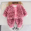 Autumn Winter Children Girls 2PCS Clothes Set Love Cotton Coat Leopard Fleece Pant Baby Girl Loungewear Outfit Kids Girl Pajamas 240219