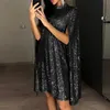 Womens Puff Long Slits Sleeve Glitter Dress Evening Sparkly Loose Fit Mini Short Dresses Sequin Cocktail Party 240227