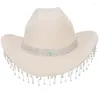 Berets borlas strass chapéu de aba larga para meninas elegante chuveiro nupcial cowboy boné boate dança traje cocar