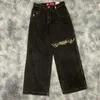 Jeans da donna Streetwear JNCO Y2K Hip Hop Tribal Flaming Crown Baggy Pantaloni neri Pantaloni Haruku gotici a vita alta a gamba larga