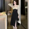 Casual Dresses Black Patchwork Sexy Midi Dress Autumn Winter Chic Prom For Women 2024 Korean Elegant Bodycon Party Night Vestidos