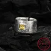 Cluster Rings Real 925 Sterling Silver Square Citrine Gemstone Frosted Wide Opening Ring For Women Wedding Party Fine Jewelry Gift DS3461