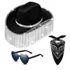 Bérets 3 pièces lunettes de soleil coeur adulte foulard chapeau de cowboy ensemble carnaval mariée anti-soleil avec décor de glands