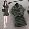 Robes de travail Y2K Plaid Vert Costume Noté Blazer Crop Top Et Mini Une Ligne Jupe Deux Pièces Ensemble Femmes Mode D'été High Street Vêtements L-4XL