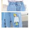 PantsKirt 2021 Fashion Cartoon Jeans For Girls Teenage Children Jeans Elastic midja denim Pants Kids Byxor för flickor Kidskläder 413T