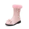 Botas Pxelena linda meninas coreanas lolita tornozelo neve saltos baixos pérolas babados laço laço falso pele de pelúcia sapatos quentes mulheres branco rosa