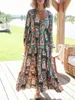 Casual Dresses Sunloudy Women Bohemian Pattern Loose Maxi Dress Deep V Neck Long Sleeve Geometric Print Beach