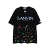 Trendy Brand lanvis Hooded Letter Embroidered Hand Painted Speckled Ink Short sleeved T-shirt for Men and Women High Street Half Sleeves