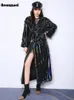 Nerazzurri jesienne wyjątkowo długi czarny holograficzny błyszczący odblaskowy, miękki, skórzany płaszcz ze skóry PVC dla kobiet europejska moda 240228
