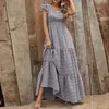 Cross border European and American womens summer Bohemian V-neck high waisted printed holiday long dress with patches 240229