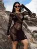 Casual Dresses Lingerie Short Buttocks Wrapped Mature Charm Elegant Mesh Shirt Hollowed Out Sexy And Seductive Long Sleeved Dress NSYU