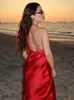 Casual jurken Satijnen jurk Dames Sexy Backless Nachtclub Feest Lang Dames Mouwloos Stropdas Halter Hals Elegante avond Maxi Rood