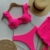 Conjunto de bikini de cintura baja de tela ondulada sólida para mujer, traje de baño push up, dobladillo plisado, traje de baño de tres piezas, traje de baño de playa 2023 240229