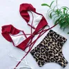 Kobiety nadruk stroju kąpielowego bikini 2024 Wysokie talię seksowne solidne brazylijskie ruffe top biquini push up czerwony czarny strój kąpielowy