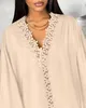 Kadın Tişörtleri Moda Kadın Bluz 2024 Bahar Giper Dantel V Yağ Batwing Sleeve Sıradan Ovası Uzun Günlük Top Y2K Giysileri