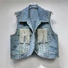 Gilet da donna Donna di lusso Diamanti Nappe con perline Gilet di jeans Risvolto Patchwork Strass Gilet senza maniche Rivetti Giacca di jeans Canotta