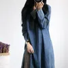 Sıradan elbiseler qpfjqd dişi denim retro kazak elbisesi tam kol 2024 bahar sonbahar Çin tarzı kadınlar A-line uzun o boyundur
