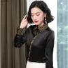 Vintage Embroidery Black Silk Shirt Women Designer Long Sleeve Button Front Blouses Top Office Ladies Turn-down Collar Casual Shirts Korean Style Fashion Tops
