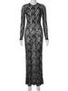 Sexy Womens Autumn O-neck Long Sleeve Hollow Out White Lace Dress Streetwear Elegant See-through Bodycon Black Party Dresses 240229