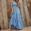 Cross border European and American womens summer Bohemian V-neck high waisted printed holiday long dress with patches 240229