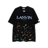 Trendy Brand lanvis Hooded Letter Embroidered Hand Painted Speckled Ink Short sleeved T-shirt for Men and Women High Street Half Sleeves