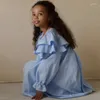 Robes d'automne pour filles, en coton et lin, confortable, en dentelle, feuille de Lotus, princesse, ligne a, à la mode, pour enfants, 2024