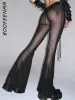 Capris BOOFEENAA cordon taille basse pantalon évasé voir à travers maille Leggings noir Y2k pantalon pour femmes gothique Punk bas C85BI17