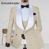 Abiti Gwenhwyfar Jacquard Champagne Abito da uomo 2022 Scialle Risvolto Slim Fit Giacca + gilet + pantaloni per la cerimonia nuziale Sposo Uomo d'affari Smoking del partito