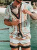 Conjuntos havaianos masculinos verão cavalo dourado impressão praia camisa de manga curta shorts viagem casual masculino 2 peças terno s3xl 240228