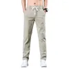 Men's Pants Men Drawstring Elastic Waist Pockets Straight Slim Slightly Strechy Ankle Length Mid Long Trousers