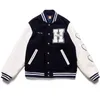 H Letter Baseball Varsity Jacke Herren Übergröße Damen Mäntel Lederärmel Marineblau Herz Flock Vintage Baggy Jaqueta Masculina 240222