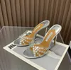 Rhinestones Mules Slides Sandals stiletto heels 10cm 8.5cm women's luxury designer Genuine leather sole Dress wedding shoes factory footwear