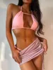 Women's Swimwear 2024bikini Lace Up Sexy 3-piece Swimsuit European And American Ins Wind Open Back Split Beach Suit Pink