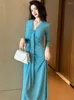 Casual Dresses Women's French Chic Prom Woman Blue Korean Gaze Bright Rhinestone Folds Pleated Long Robe Runway Cocktail Party Vestido